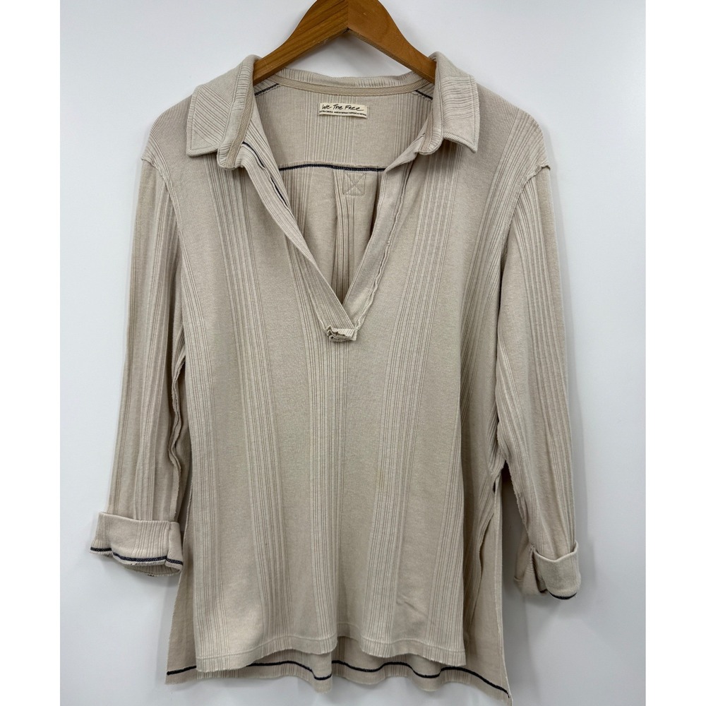 We The Free Striped Collared Pullover Shirt Beige‎ Extra Small Long Sleeve